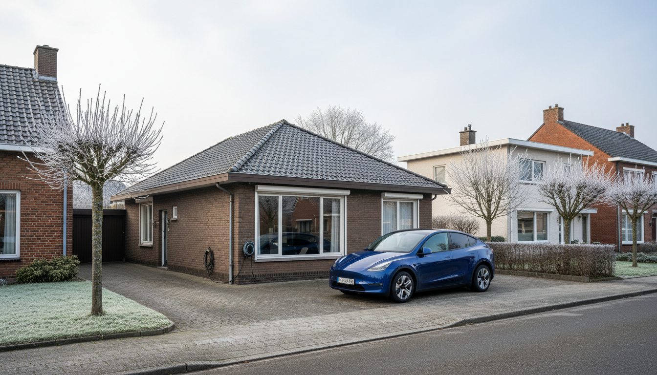 Straatbeeld met laadpaal op woning in Flandre in de winter
